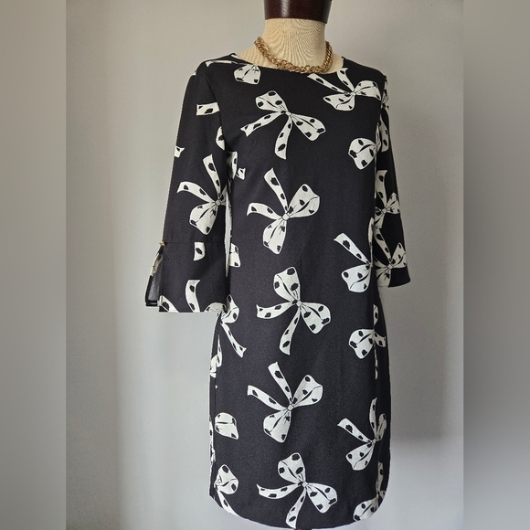 Banana Republic Factory Black And White Bow Dress 3/4 Bell Sleeve. Size 0 - Picture 3 of 13